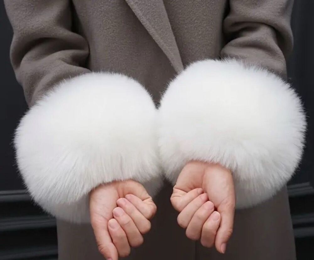 White Elegant Faux Fur Cuffed Sleeve Arm Warmers-One Size - Picture 2 of 6